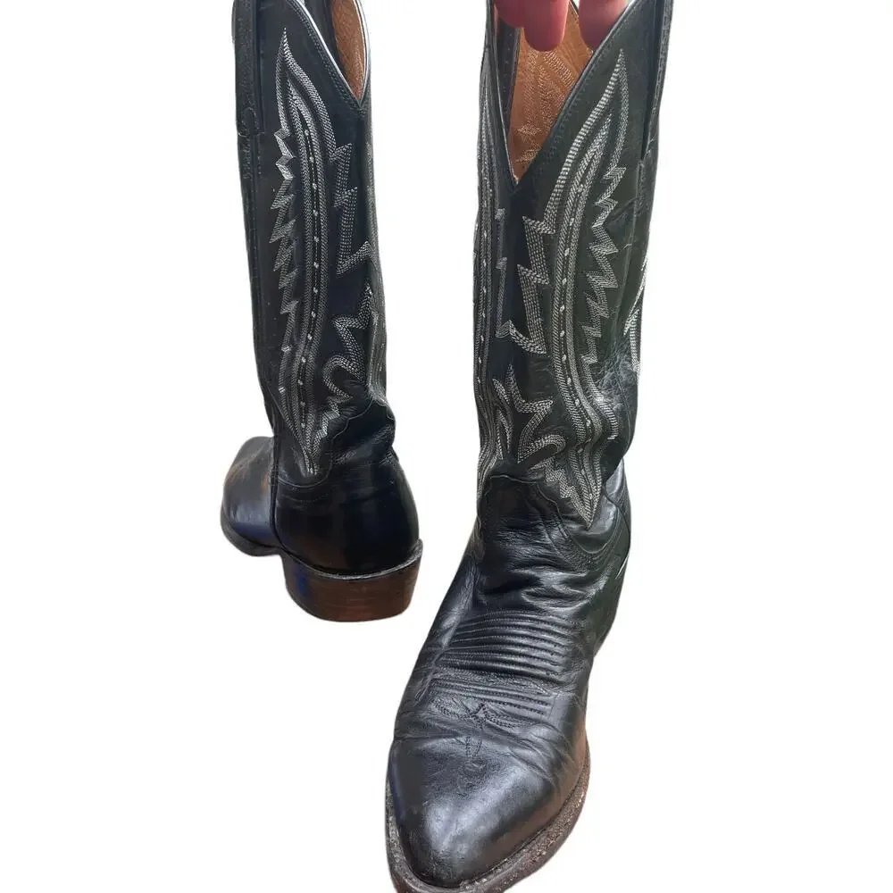 Lucchese 2000 Black Leather Cowboy Boots Snip Toe Mens 8 D